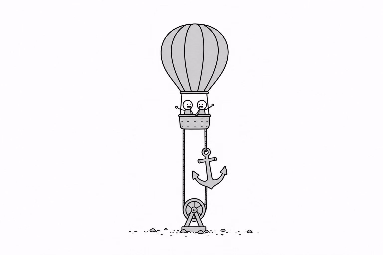 The balloon rises, and the same rope hauls the anchor up toward the basket.