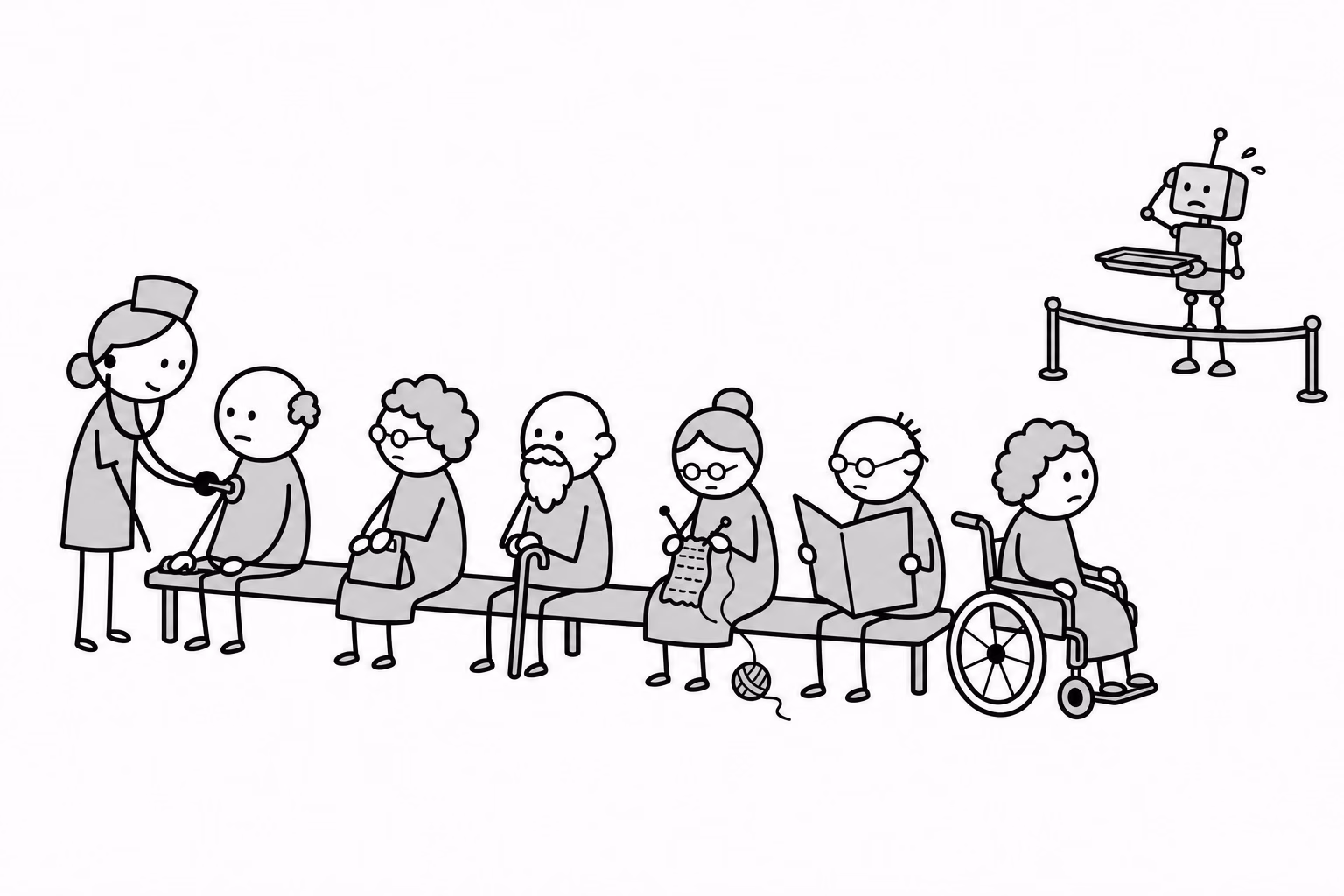 The bench fills on a schedule fixed decades ago. The supply side is one person. The robot is not being kept out by the rail.