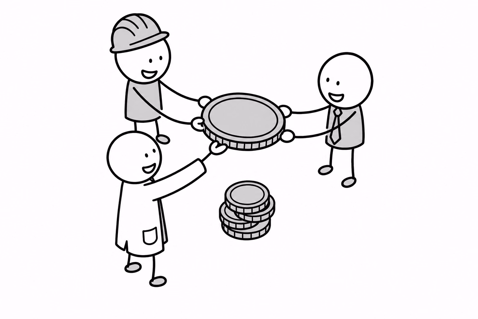 Three players pass the same coin around the circle, and the pile in the middle is what the scorekeeper eventually counts.