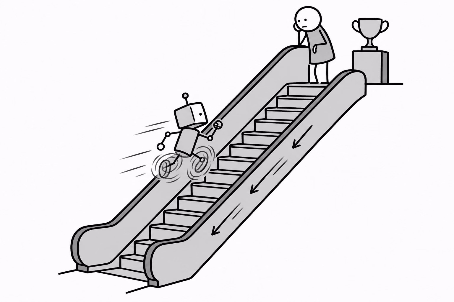 Running faster, gaining nothing, because the stairs move too. From the rail, that looks exactly like standing still.