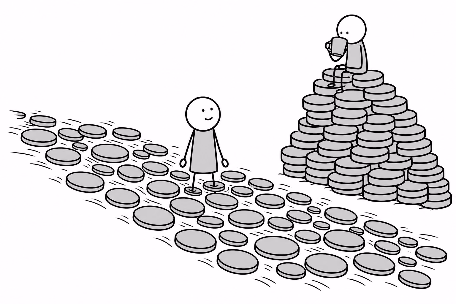 Both figures receive the same river of coins. Only one of them gets to keep any.