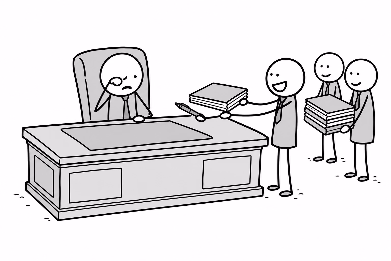 The official has the desk and the authority. The visitor has the finished text and the pen, which is what actually decides.