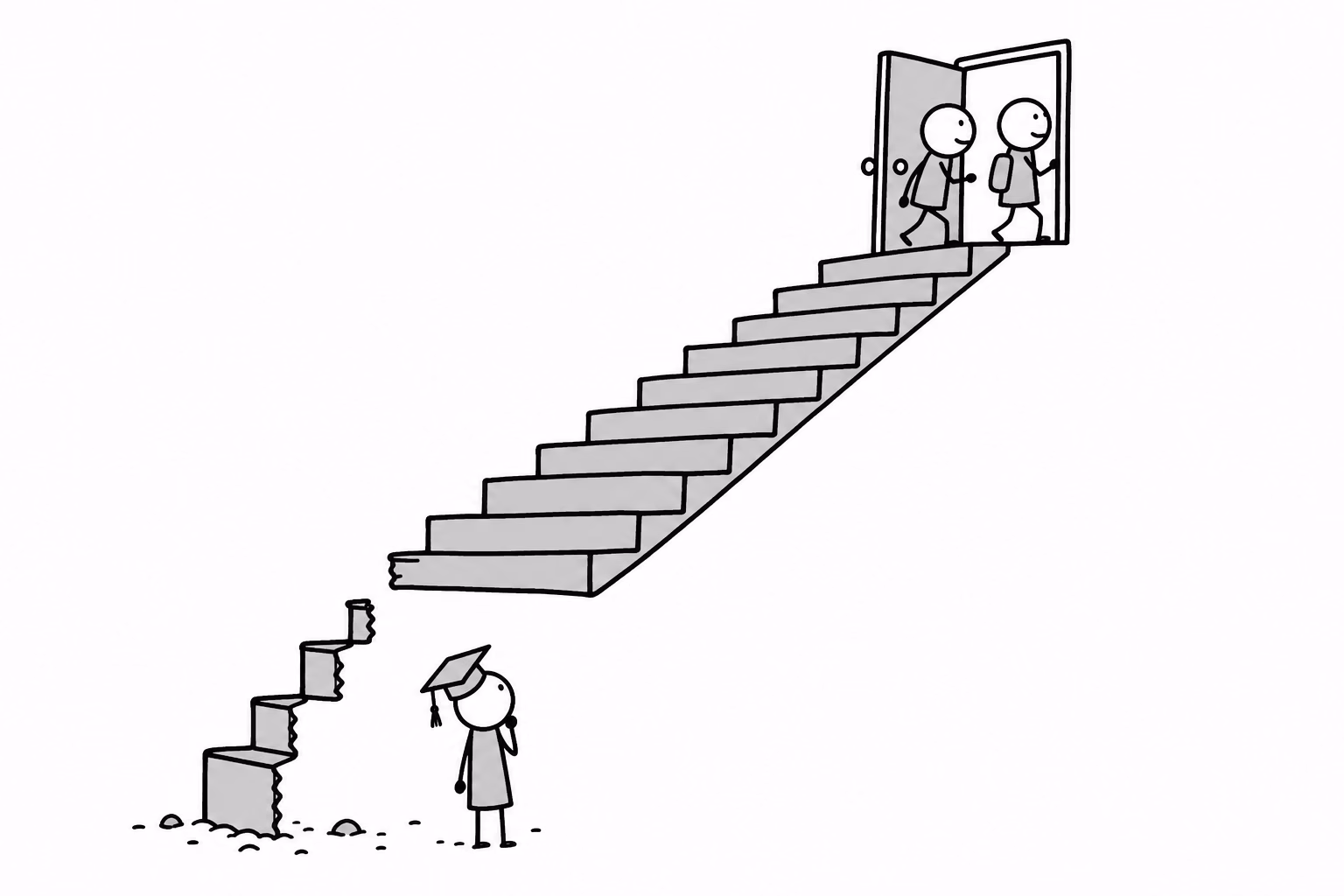The door at the top is open and the upper steps are fine. The bottom three are missing, and nobody is assigned to fix them.