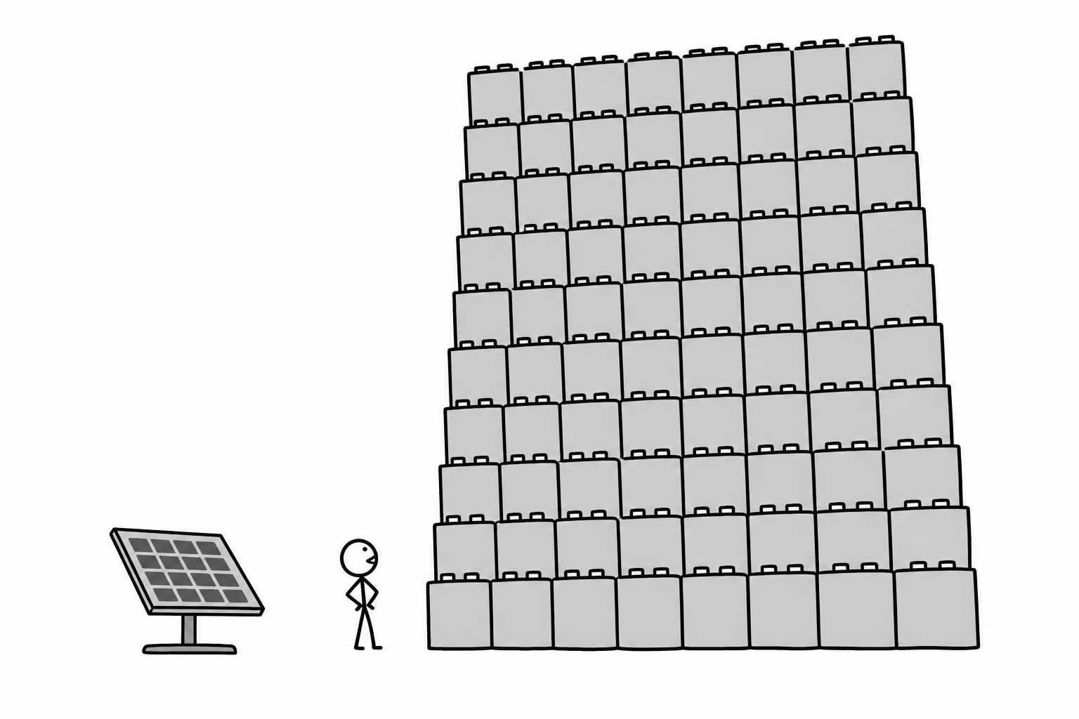 A cheap panel, and towering over it, the pile of batteries that lets the panel keep its promises after dark.