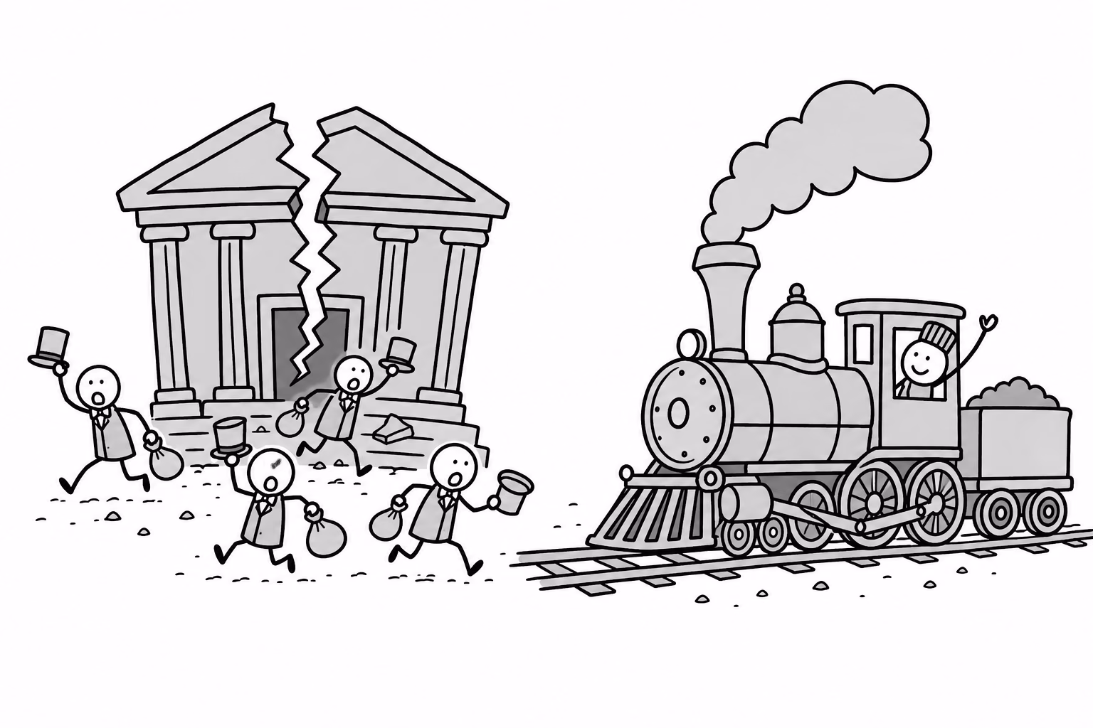 The bank cracked. The locomotive did not notice. Both halves of the street are the precedent.