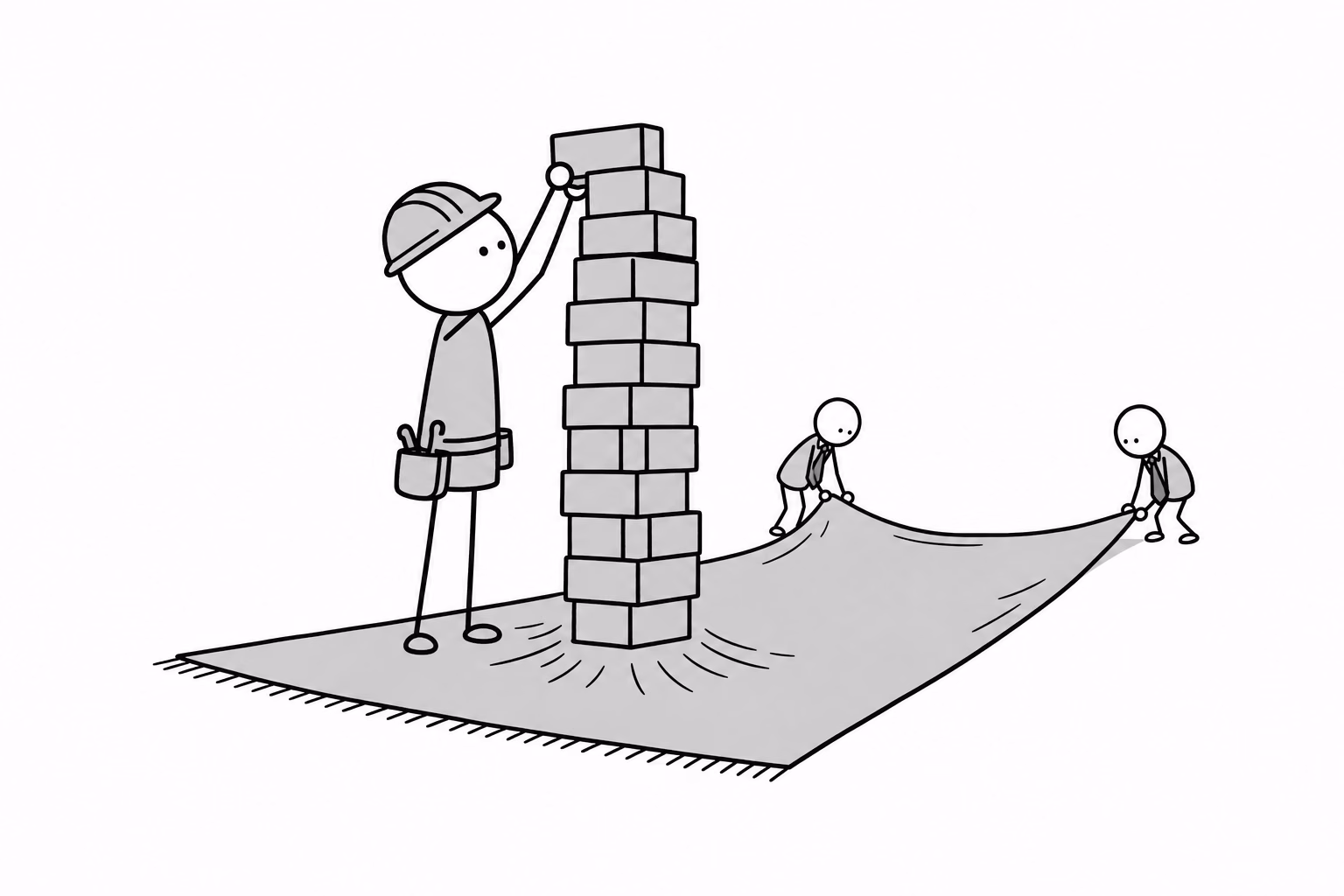 The tower is the capex plan. The rug is the discount rate. The figures lifting its corners were hired by the tower.