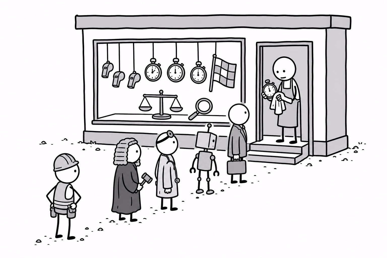 The shop sells whistles, stopwatches, and scoreboards, and the queue outside includes everyone who just discovered their old referee stopped working.