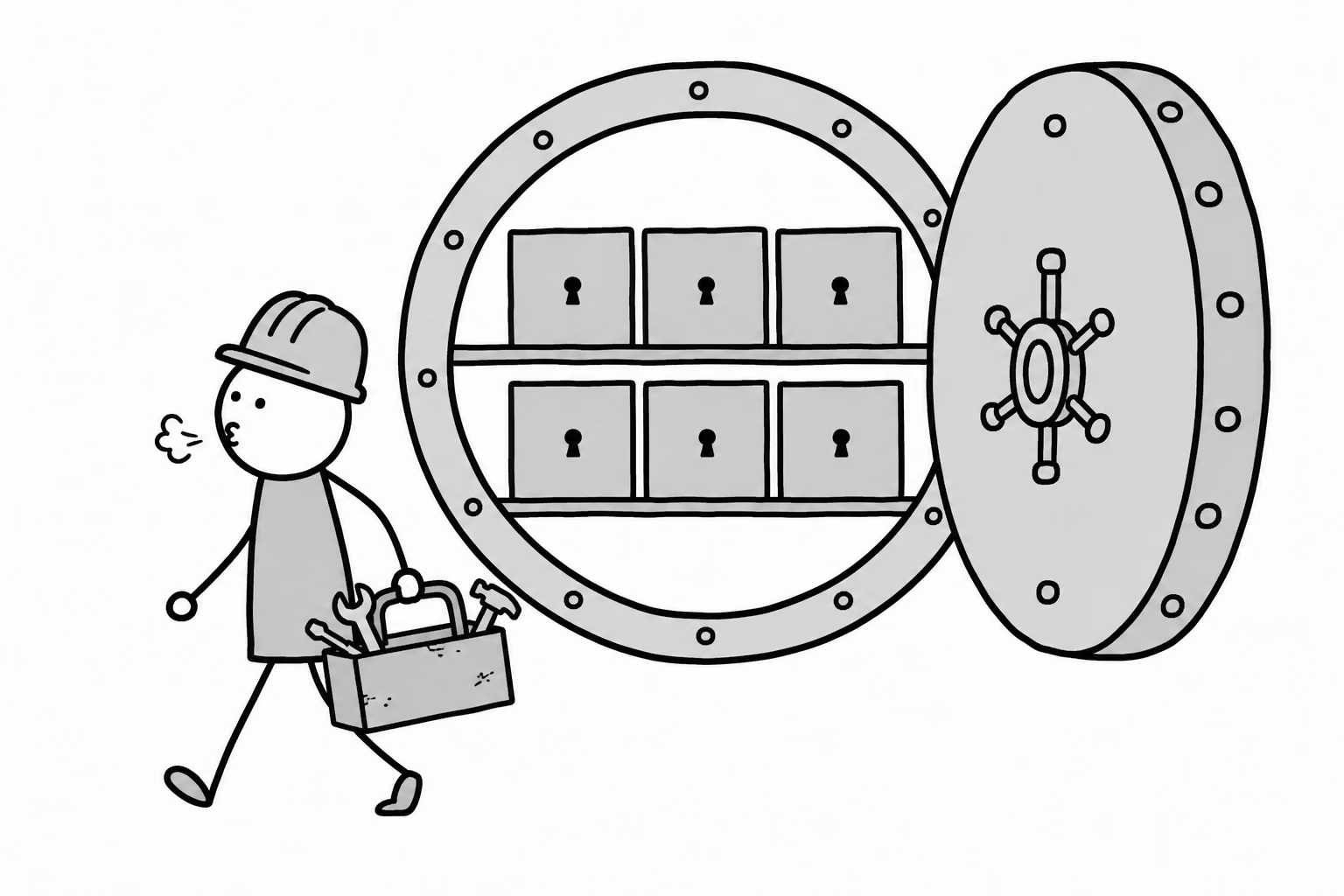 Six deposit boxes rest in the vault. The seventh complement is out on the street, carried by hand.