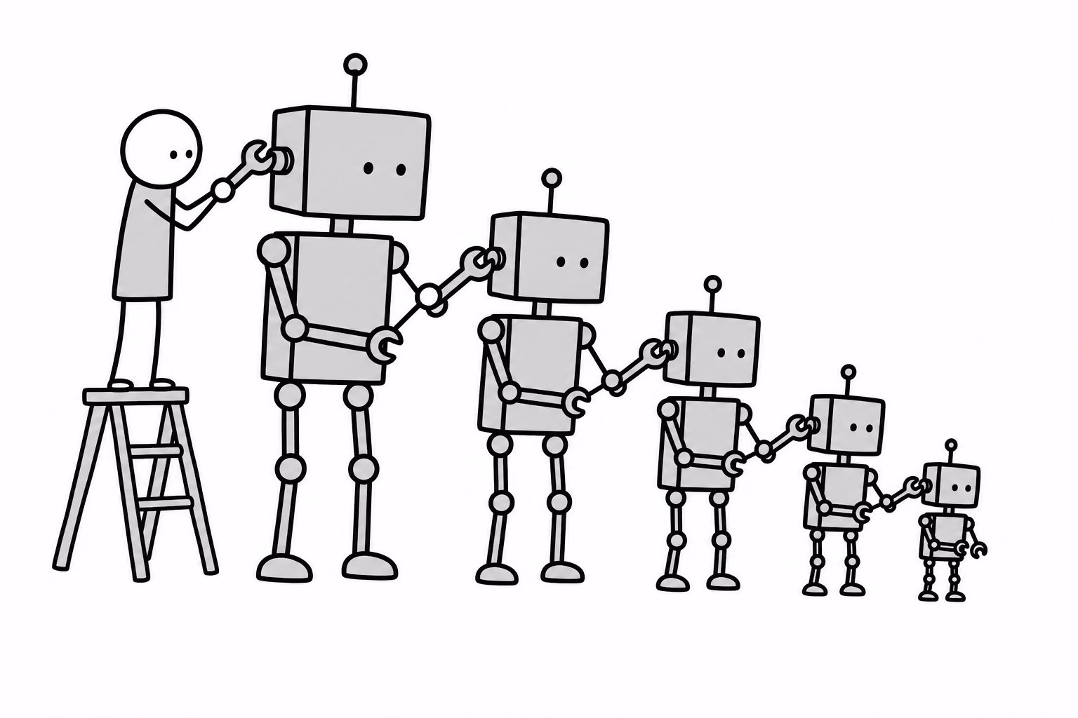Each robot builds the next, smaller and faster. The human engineer started the line and is already optional.