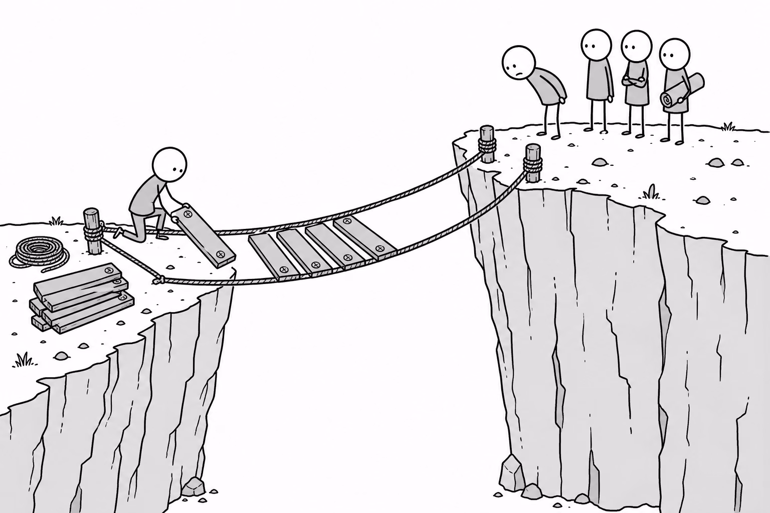 The bridge is built plank by plank from one side only, by the person with the least capital and the most to gain.
