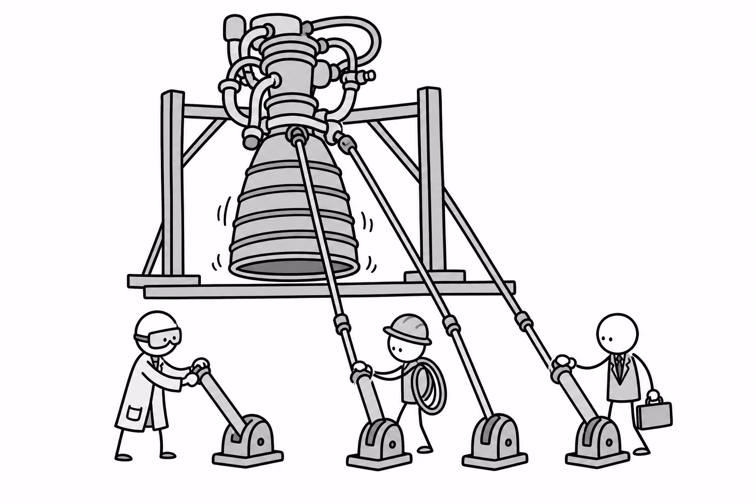 One straining engine, and the brake levers are held by a researcher, a lineworker, and a banker. Only one of them wears a lab coat.