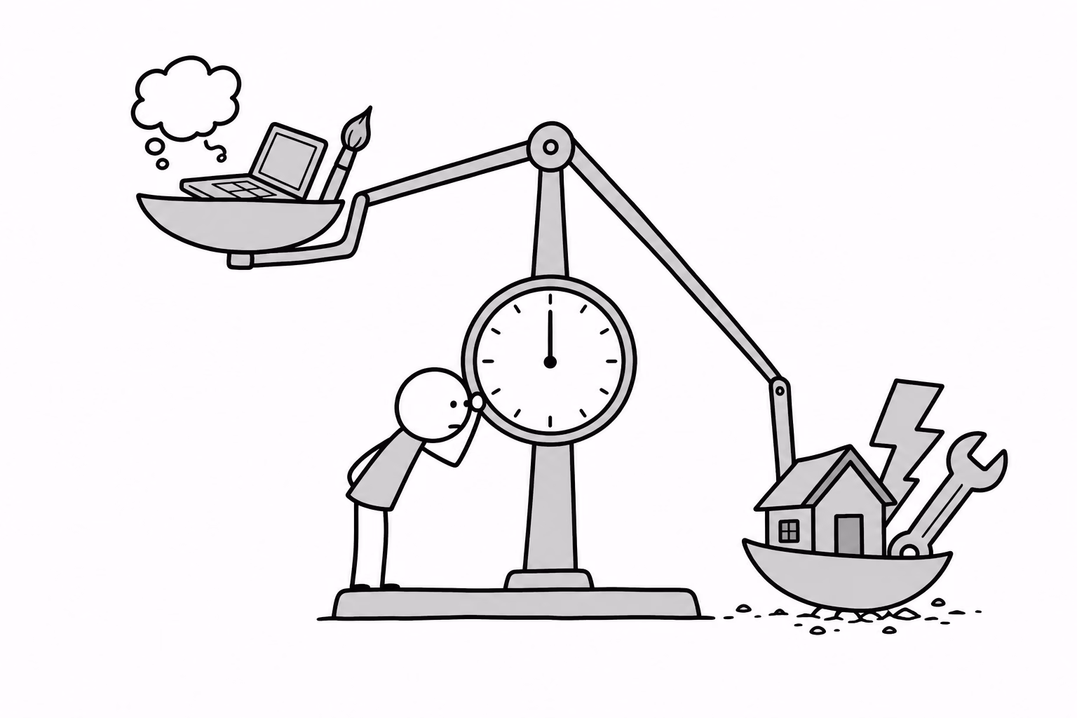 The scale has already tipped: the thinking half floats, the physical half sinks, and the instrument in the middle can only report the average.