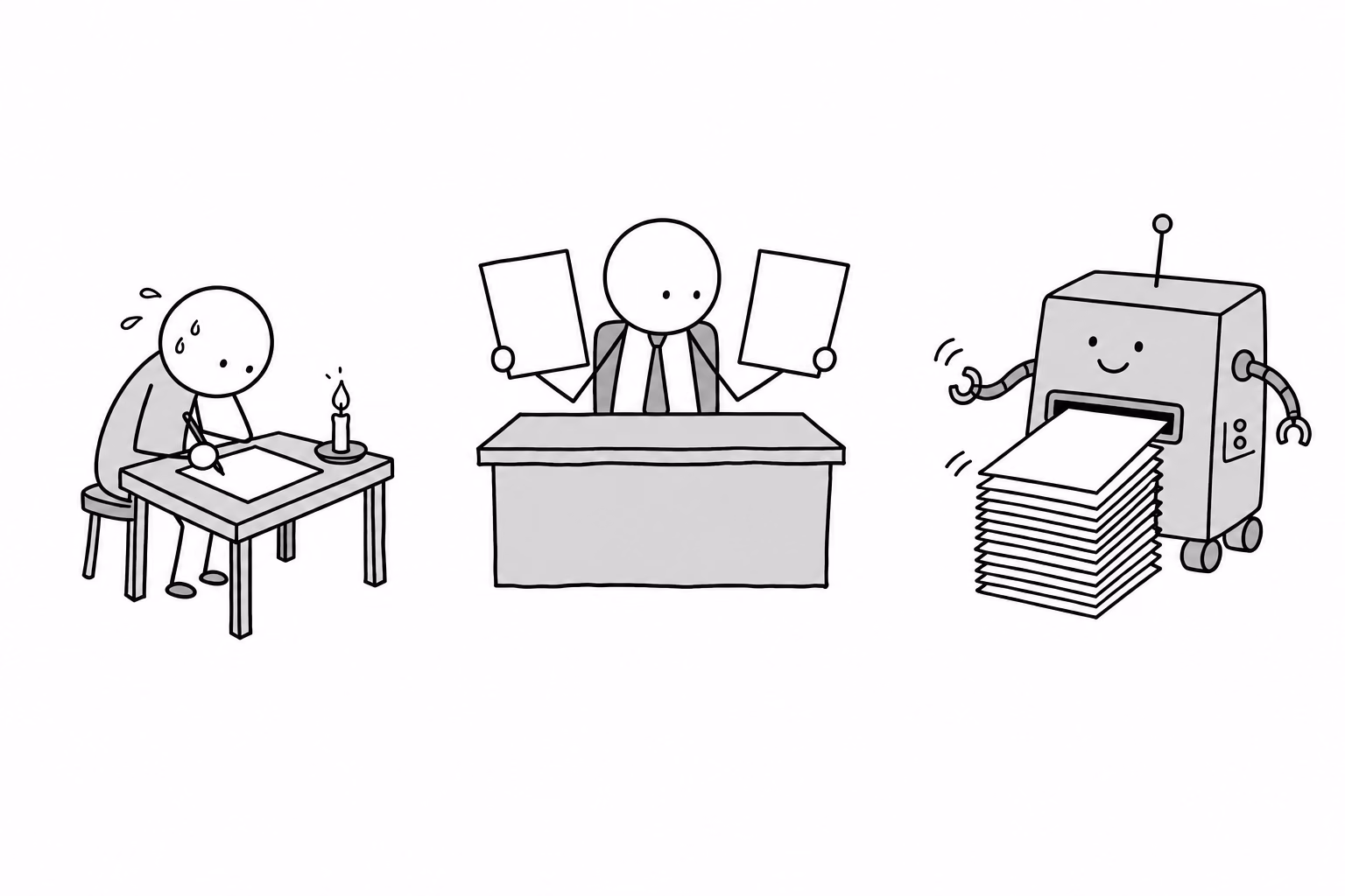 One writer paid an evening. One machine paid nothing. The receiver can no longer tell, which bankrupts both.