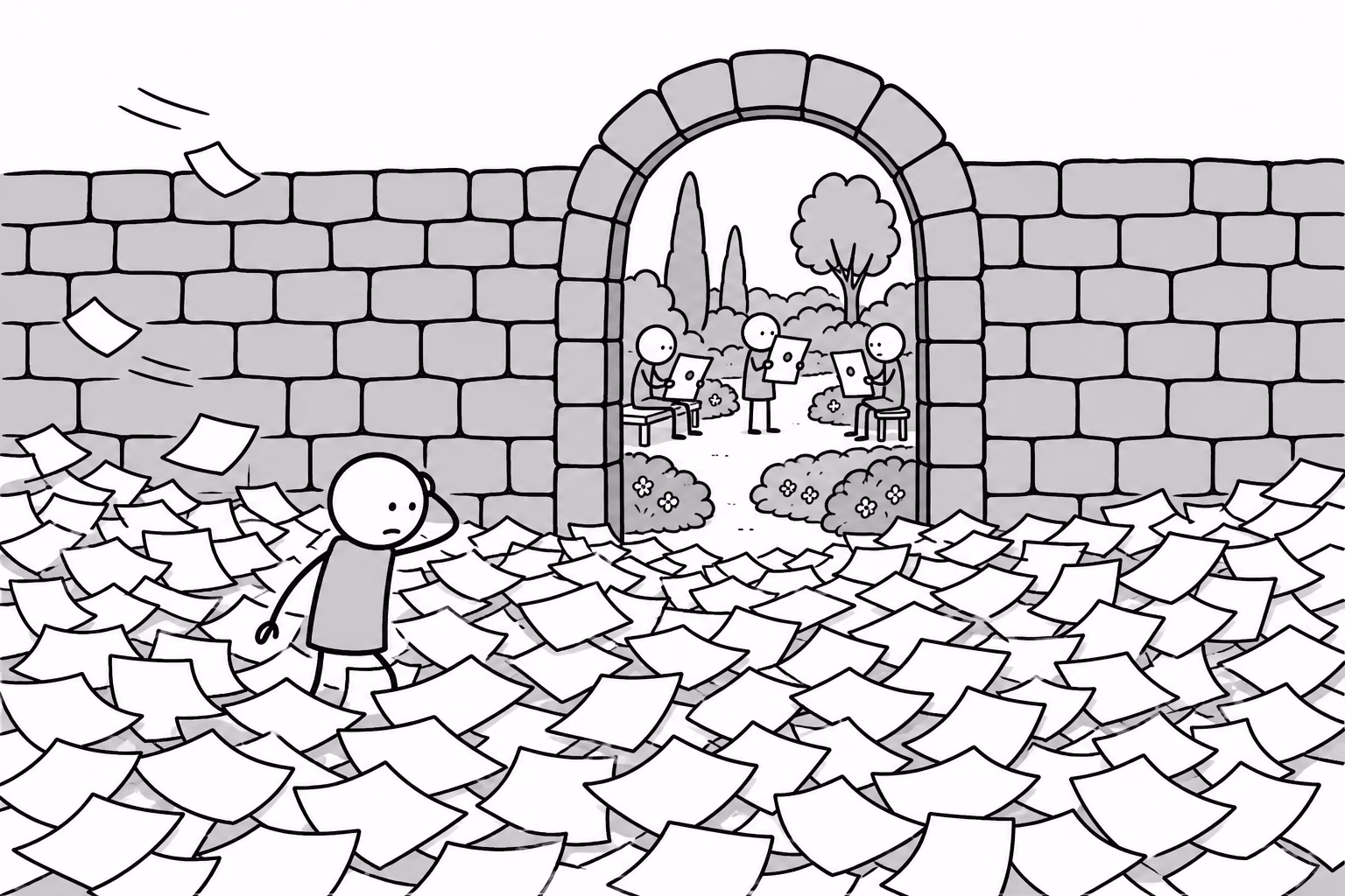 Inside the wall, everything carries a seal. Outside, the unstamped pages blow around in drifts, and the average one is worth what it cost to make.