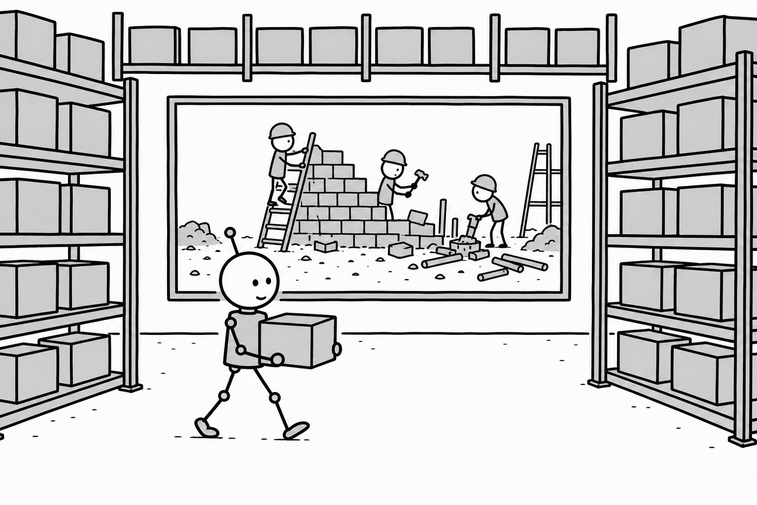 Inside the warehouse, order, shelves, and a robot on shift. Through the window, the construction site is still all people, and will be for a while.