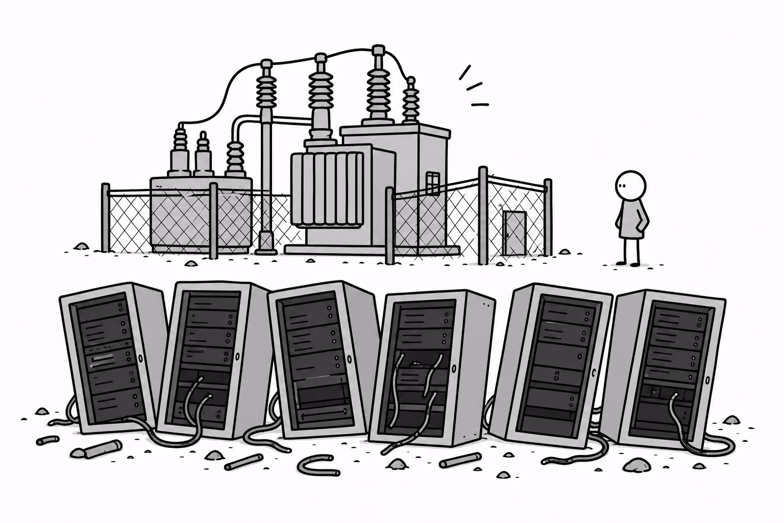 After the storm: the racks are dark, and the substation behind them is the thing still humming.